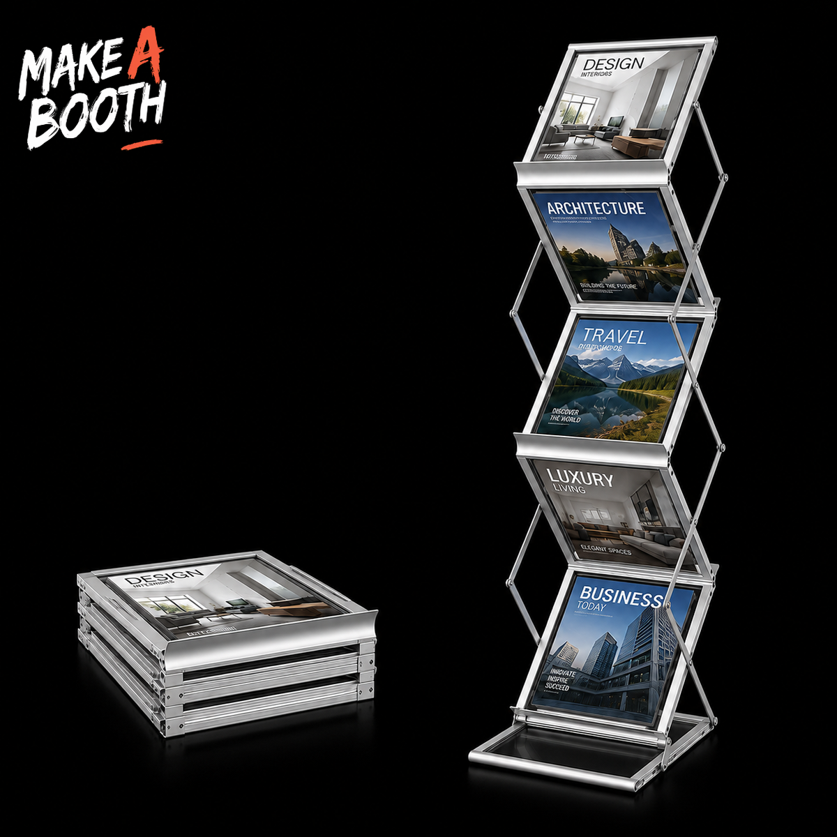 Clear acrylic literature rack with angled shelves for magazine display, metal frame