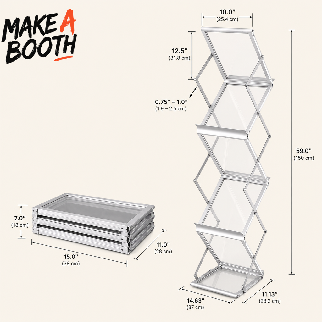 Clear acrylic literature rack with slanted brochure trays and metal side frame, multi-tier