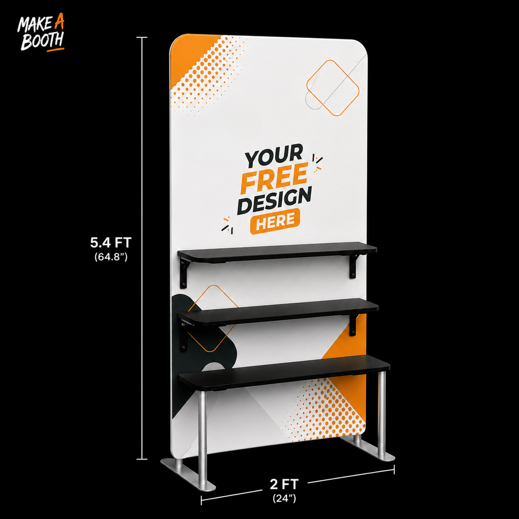 Portable fabric display shelves, three black shelves and white banner panel with orange accents