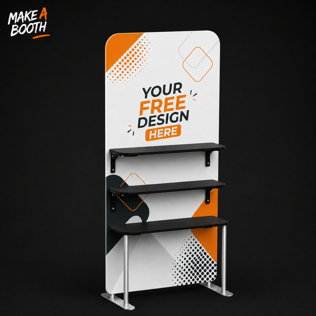 Portable fabric display shelves with three black shelves and banner panel: YOUR FREE DESIGN HERE