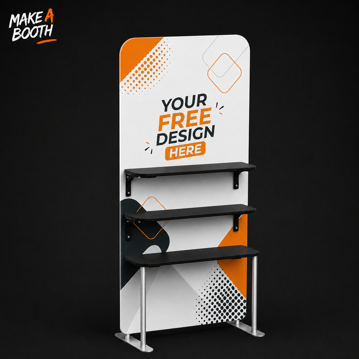 Portable fabric display shelves with three black shelves and banner panel: YOUR FREE DESIGN HERE
