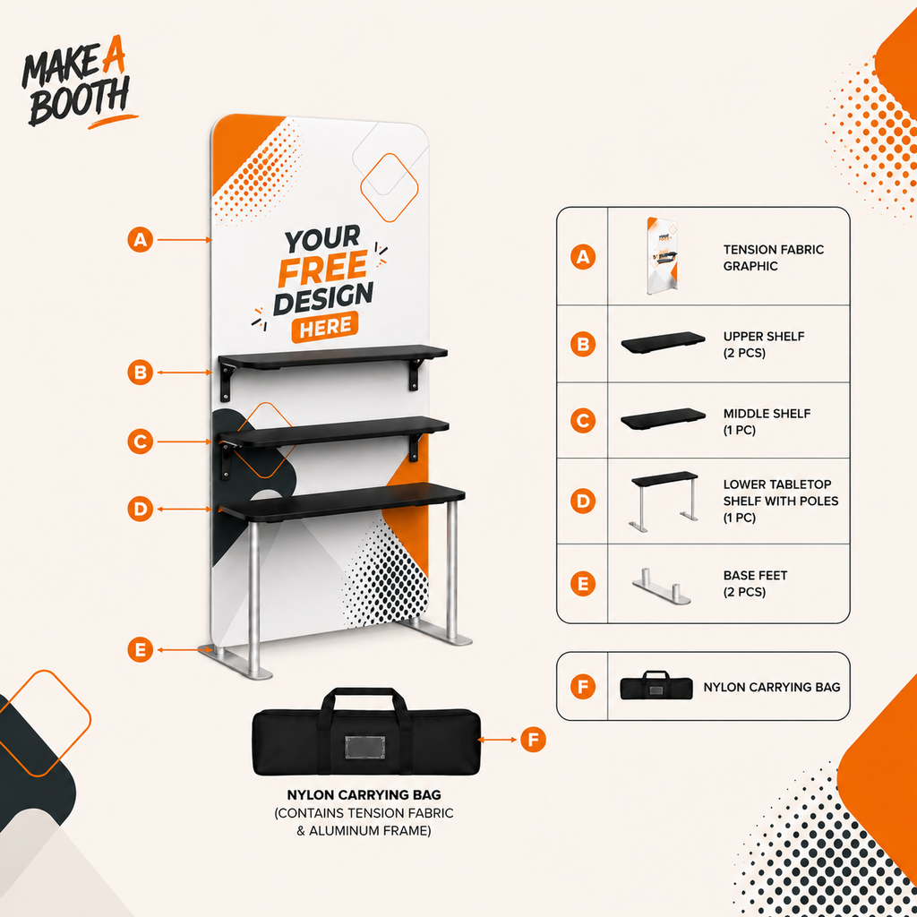 Portable fabric display shelves kit with labeled parts diagram and black nylon carrying bag