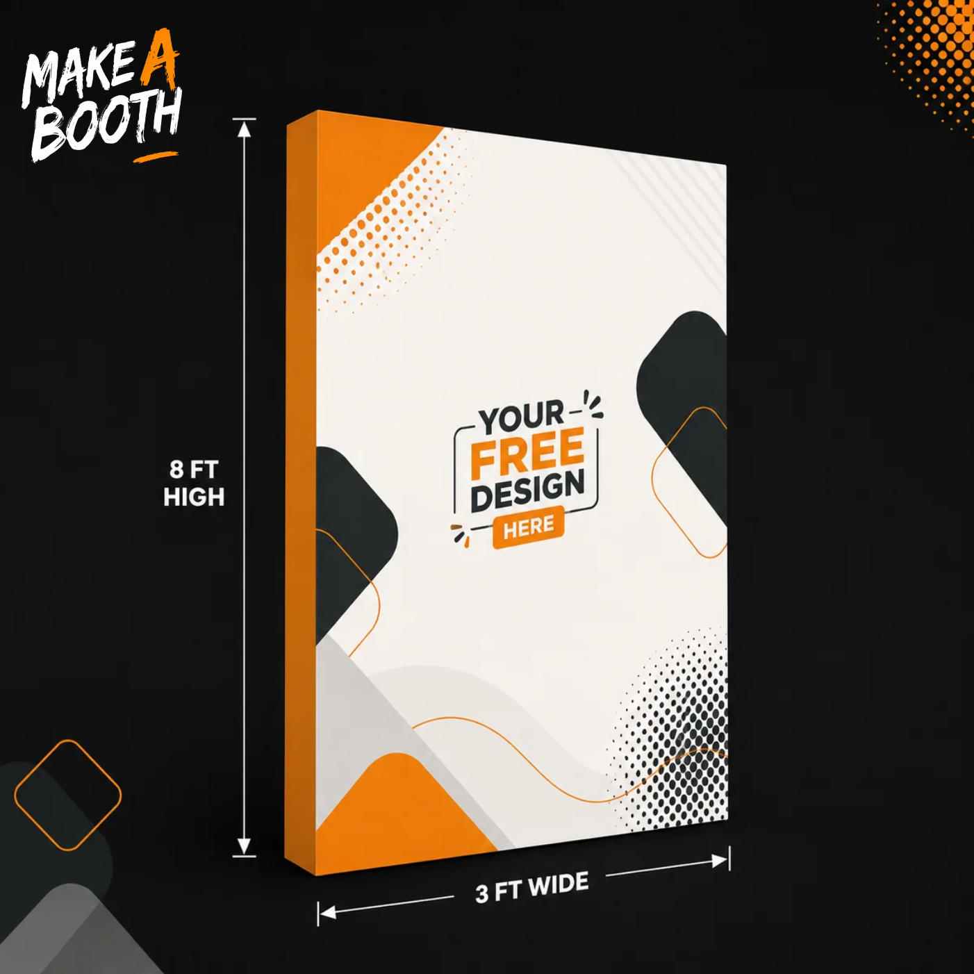 Orange-framed pop-up straight fabric display panel, white graphic print, 3 ft wide.