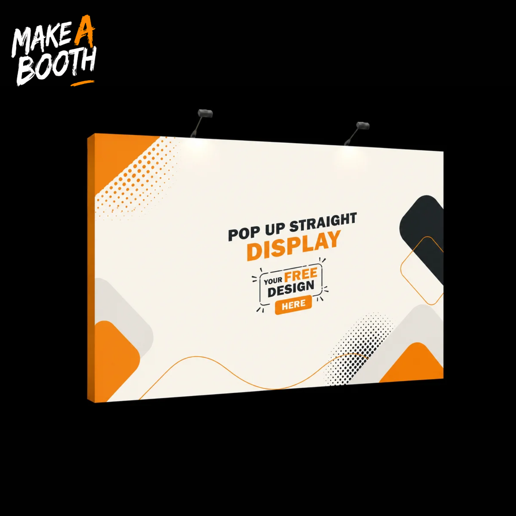 Orange-framed pop-up straight fabric display with hanging hardware, white graphic print.