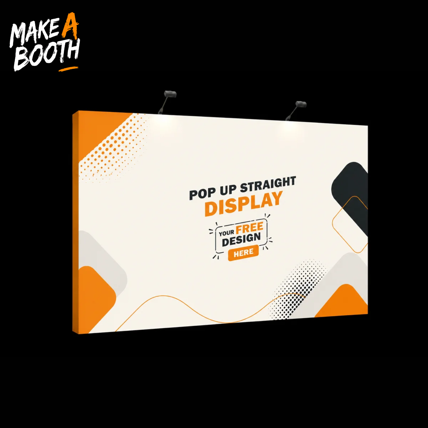 Orange-framed pop-up straight fabric display with hanging hardware, white graphic print.