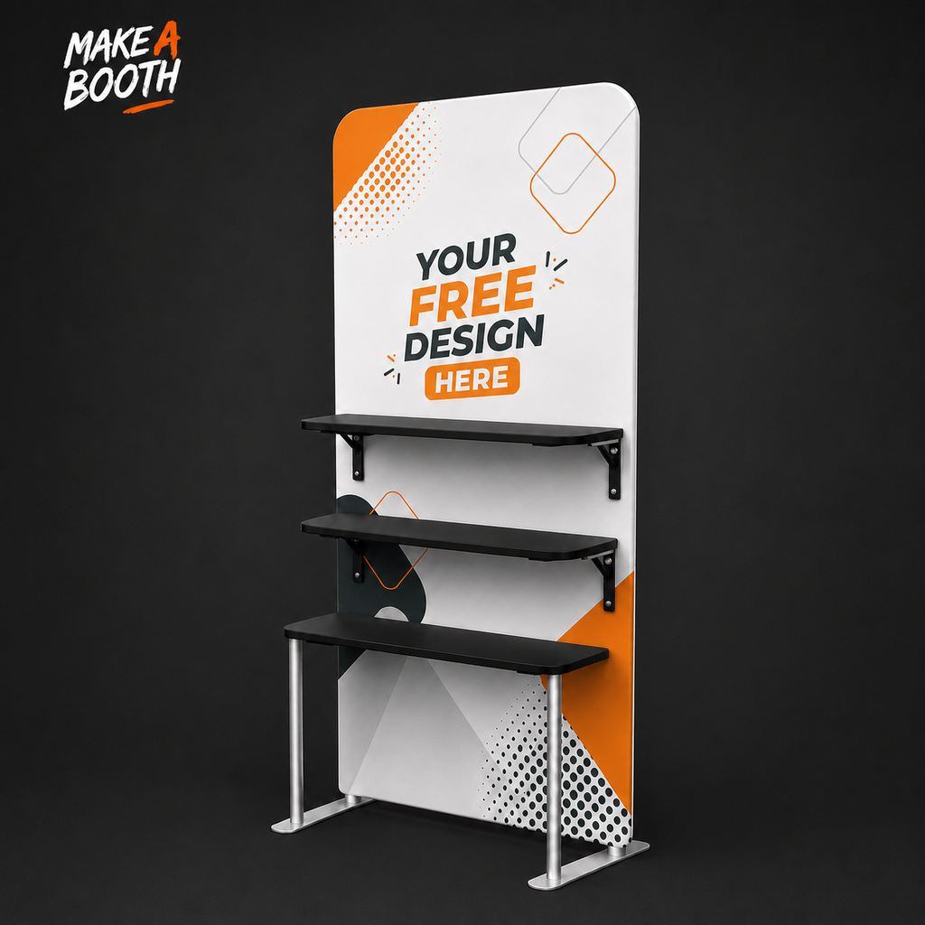 Portable fabric display shelves with three black shelves, gray legs, and white banner panel