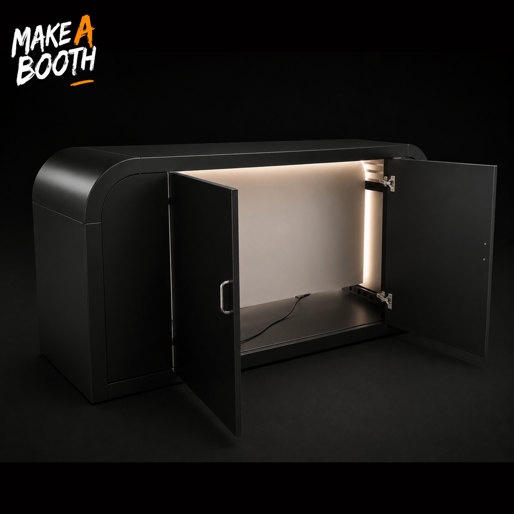 Backlit storage counter with open front door and lit interior panel