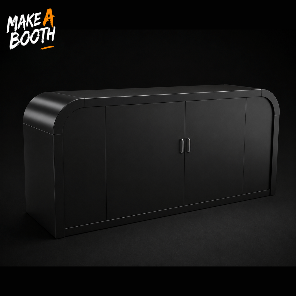 Backlit storage counter with closed doors and two vertical handles