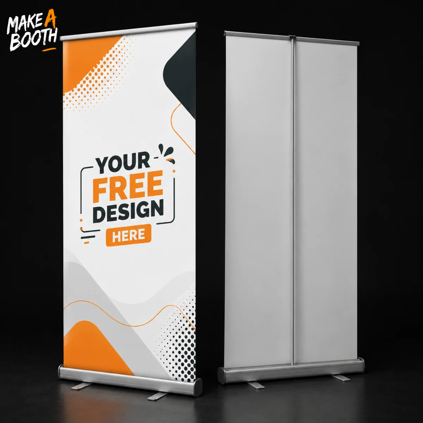 Retractable roll-up banner stand with orange-and-white promo graphic on front panel