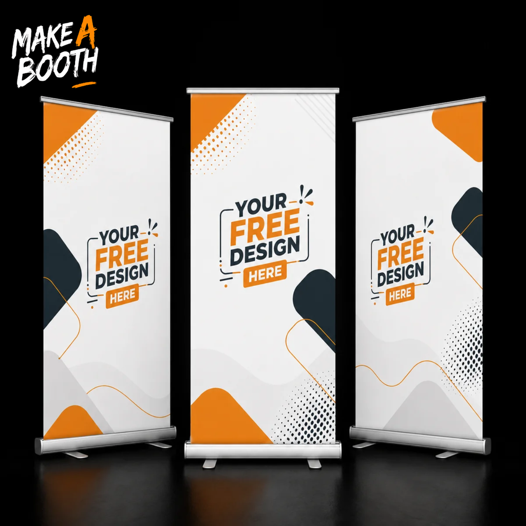 Set of roll-up banner stands with orange-and-white “Your free design here” banners