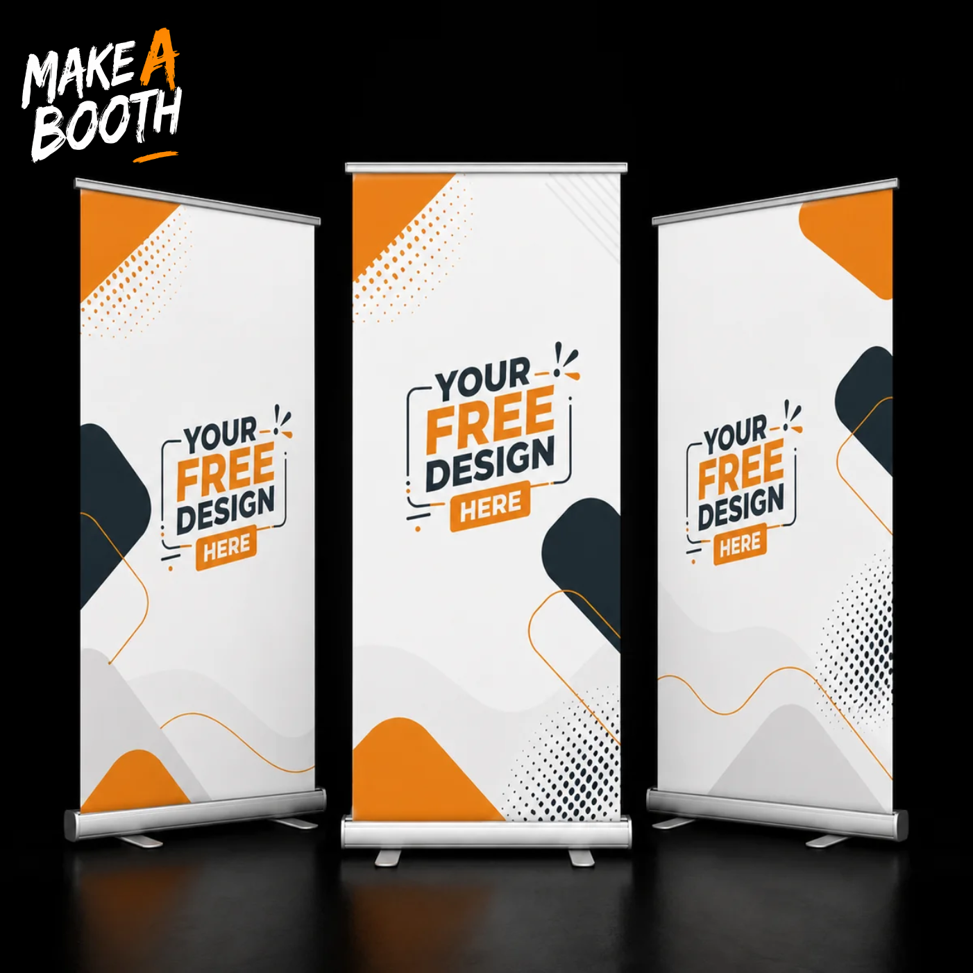 Set of roll-up banner stands with orange-and-white “Your free design here” banners