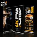 Roll-up banner stands with Taser, “SALES 30% OFF,” and food menu graphics on fronts