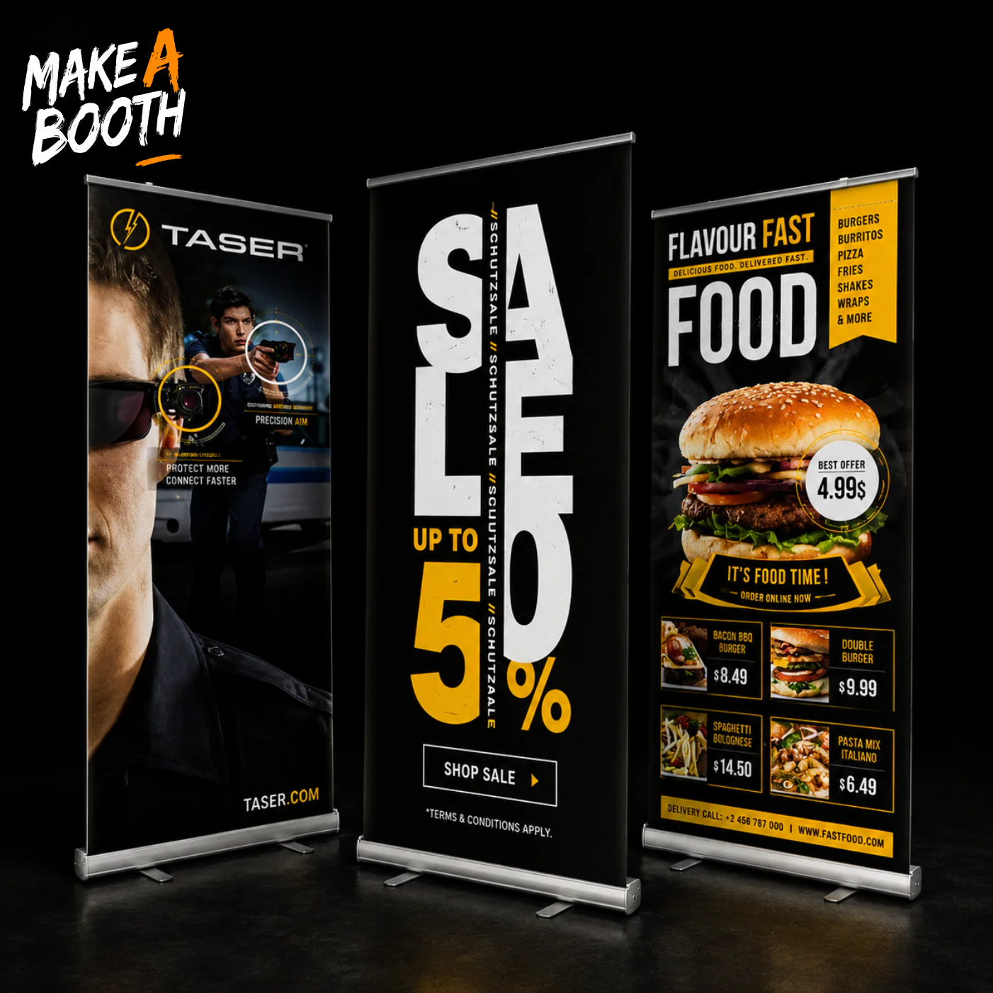 Roll-up banner stands with Taser, “SALES 30% OFF,” and food menu graphics on fronts