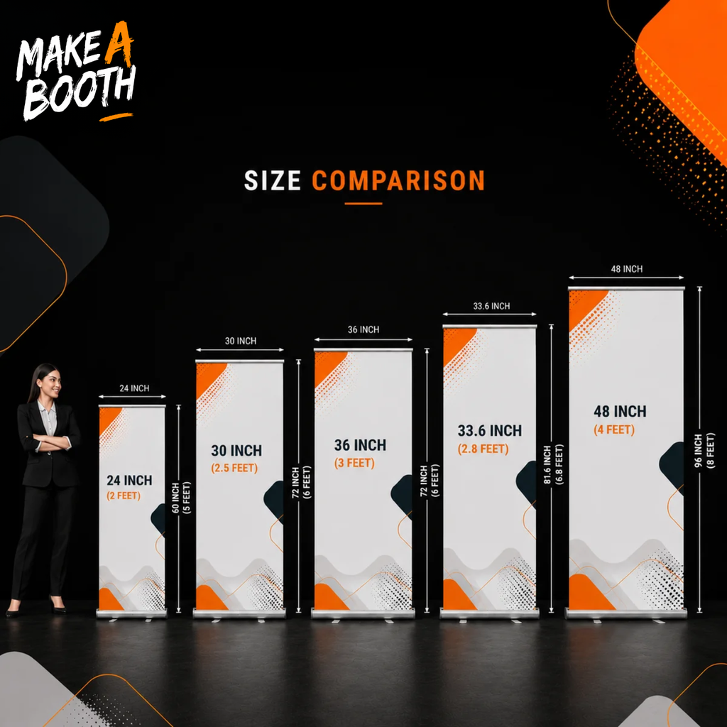 Size comparison of multiple roll-up banner stands with labeled height banners