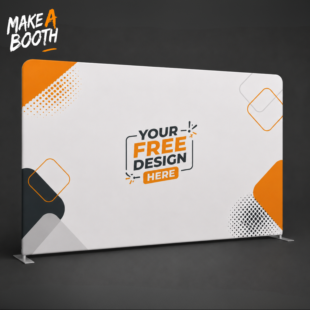 White tension fabric backdrop panel with orange corner accents and front support feet