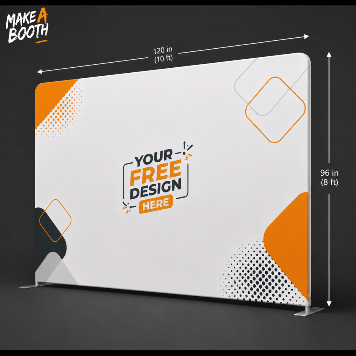 White tension fabric backdrop panel with orange side accents and rounded top frame