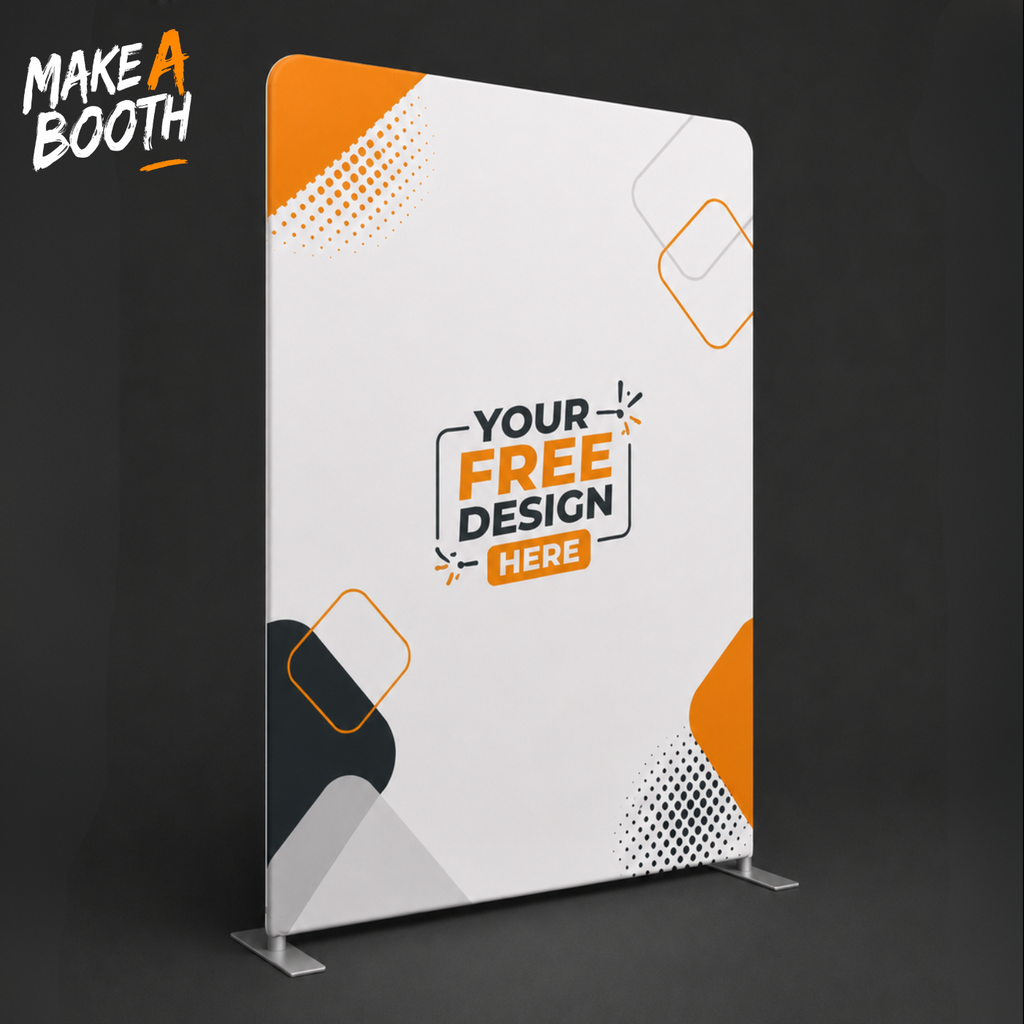 White tension fabric backdrop panel with orange corner accents, rounded edges, and feet
