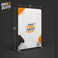 White tension fabric backdrop panel with orange trim, rounded corners, and support feet
