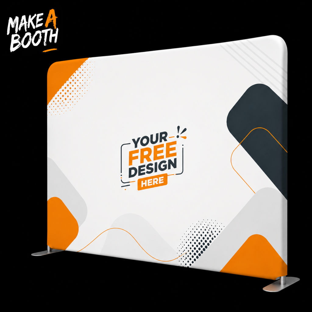 White tension fabric backdrop panel with orange base accents and rounded protective frame