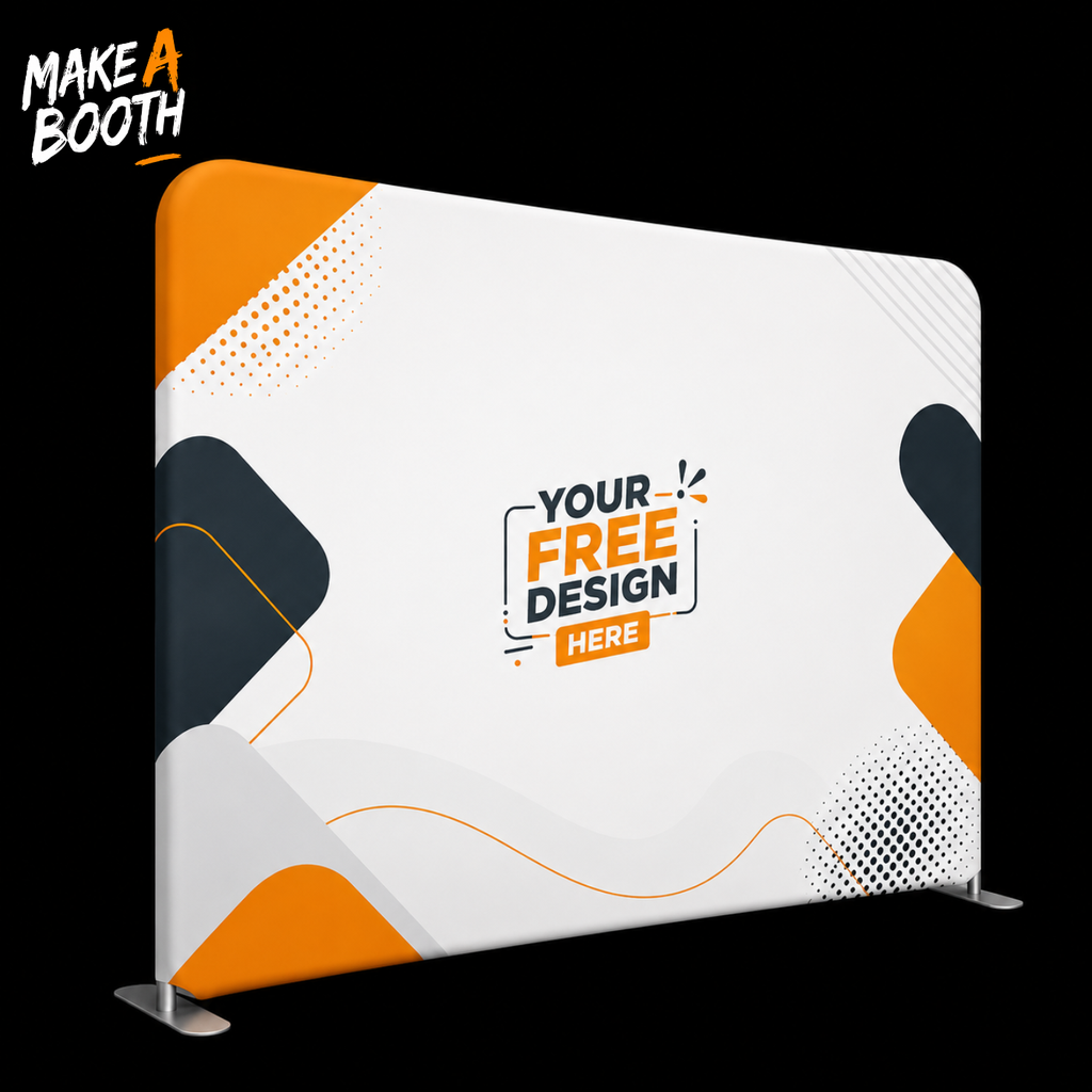 White tension fabric backdrop panel with orange trim and rounded frame edges on feet