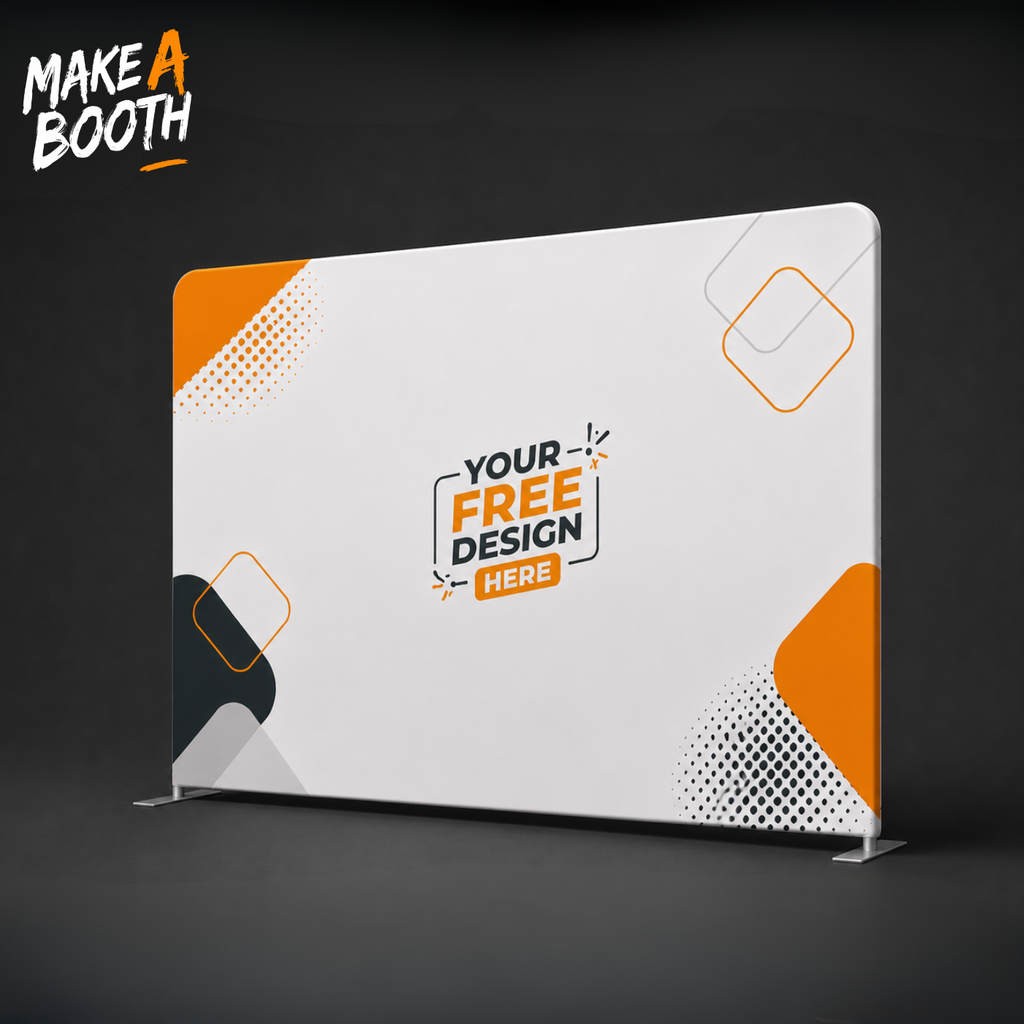 White tension fabric backdrop panel with orange side accents and rounded top frame