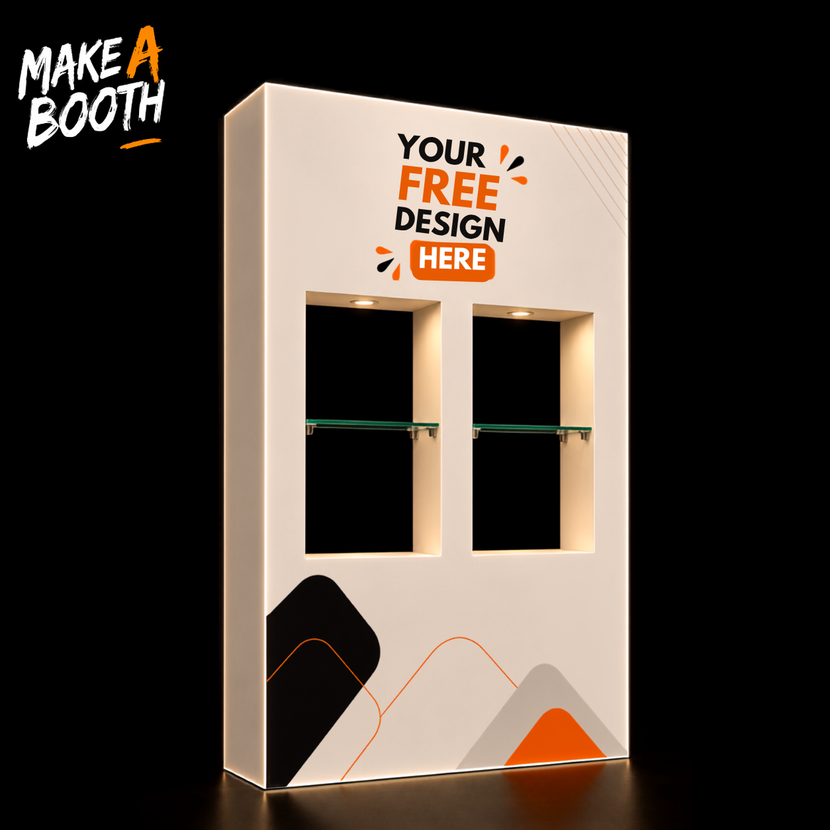 White pop-up booth with two illuminated interior shelves and front window openings