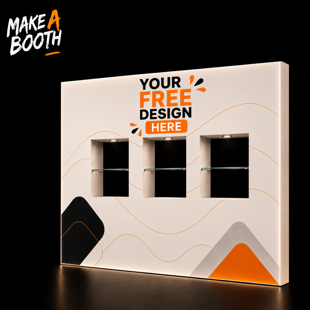 White pop-up booth with three illuminated interior shelves and front window openings