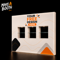 White pop-up booth with three illuminated interior shelves and front window openings