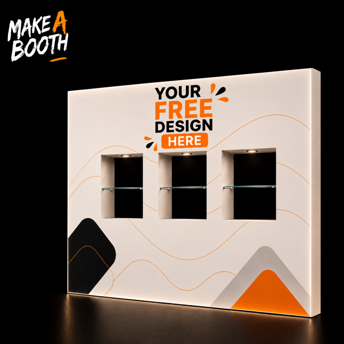 White pop-up booth with three illuminated interior shelves and front window openings