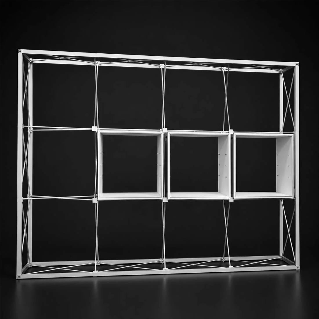 Pop-up display with open front and internal shelves in rectangular compartments