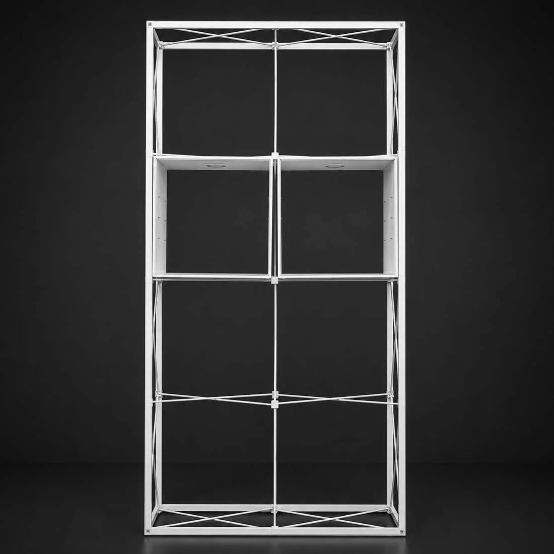 Pop-up display frame with multiple internal shelf panels and open front compartments