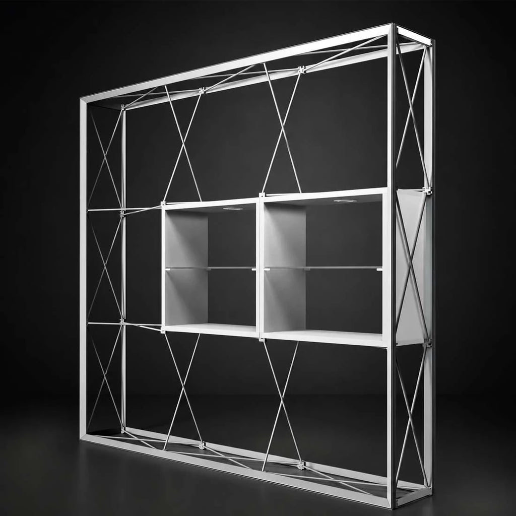 Pop-up display with open front and internal shelving compartments, shown in a side view