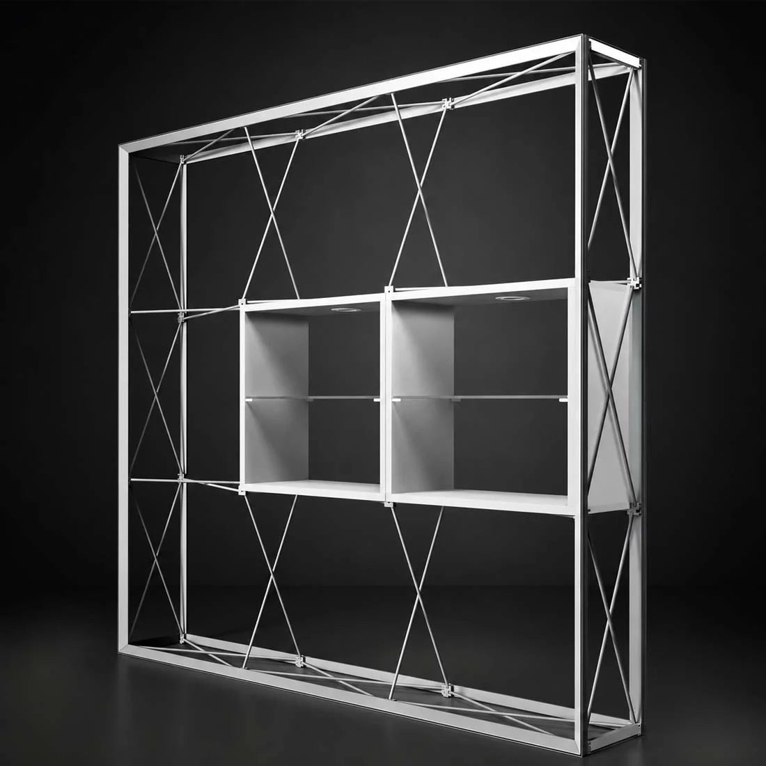 Pop-up display with open front and internal shelving compartments, shown in a side view