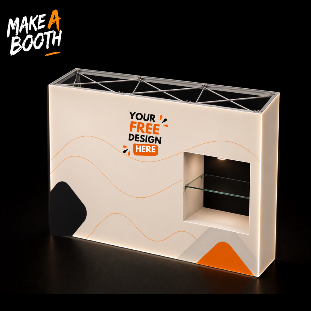 White pop-up booth with illuminated interior shelf opening and side cutout window