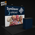 Blue tension fabric display kit with printed panel and matching countertop stand