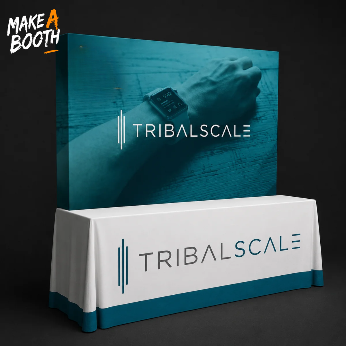 Tabletop pop up fabric display kit with standing banner and table cover, dark teal accents
