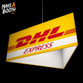 Triangle hanging banner with yellow, red, and white EXPRESS lettering