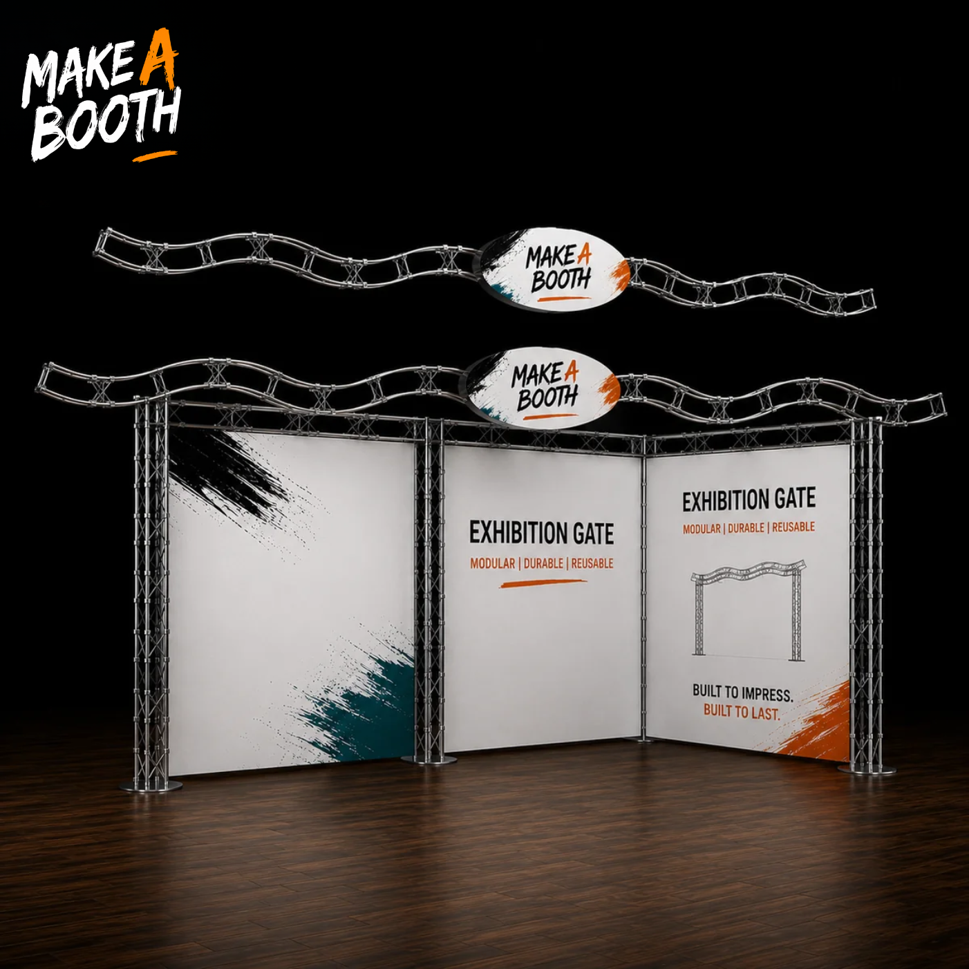 Modular exhibition gate truss with two side panels and arch frame