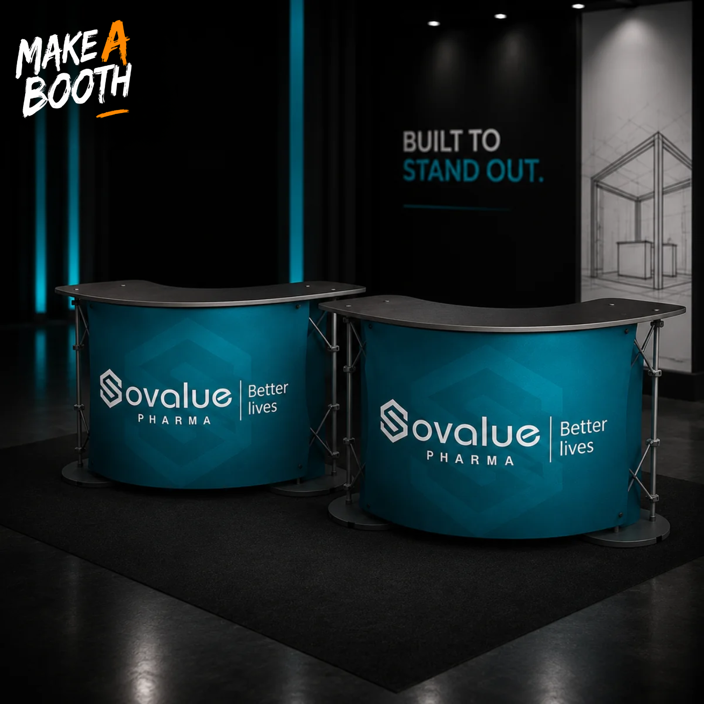 Teal curved display podium with black tabletop and metal legs