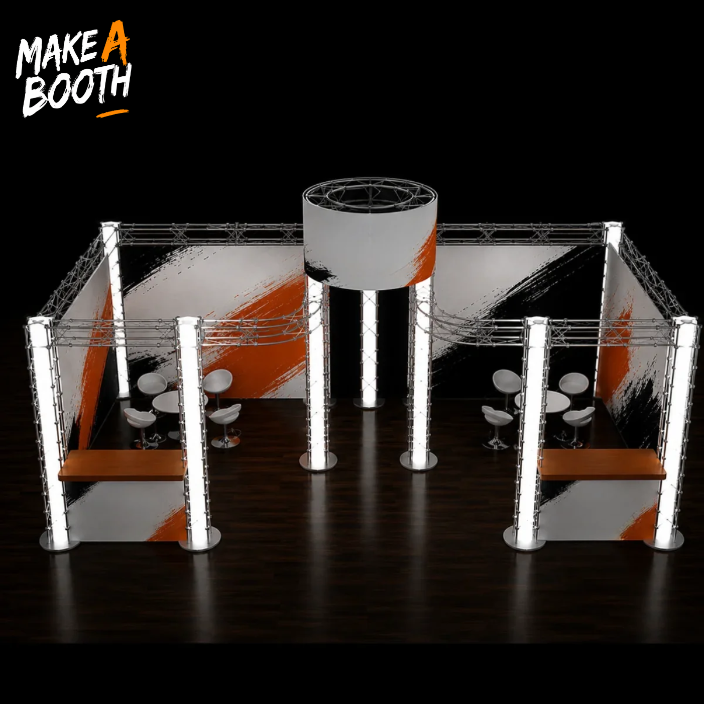 Luxury U-shape exhibition booth with chrome frames, orange panels, and central tower column