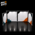 U-shape exhibition booth with white panel walls, metal frame, and orange/teal graphics