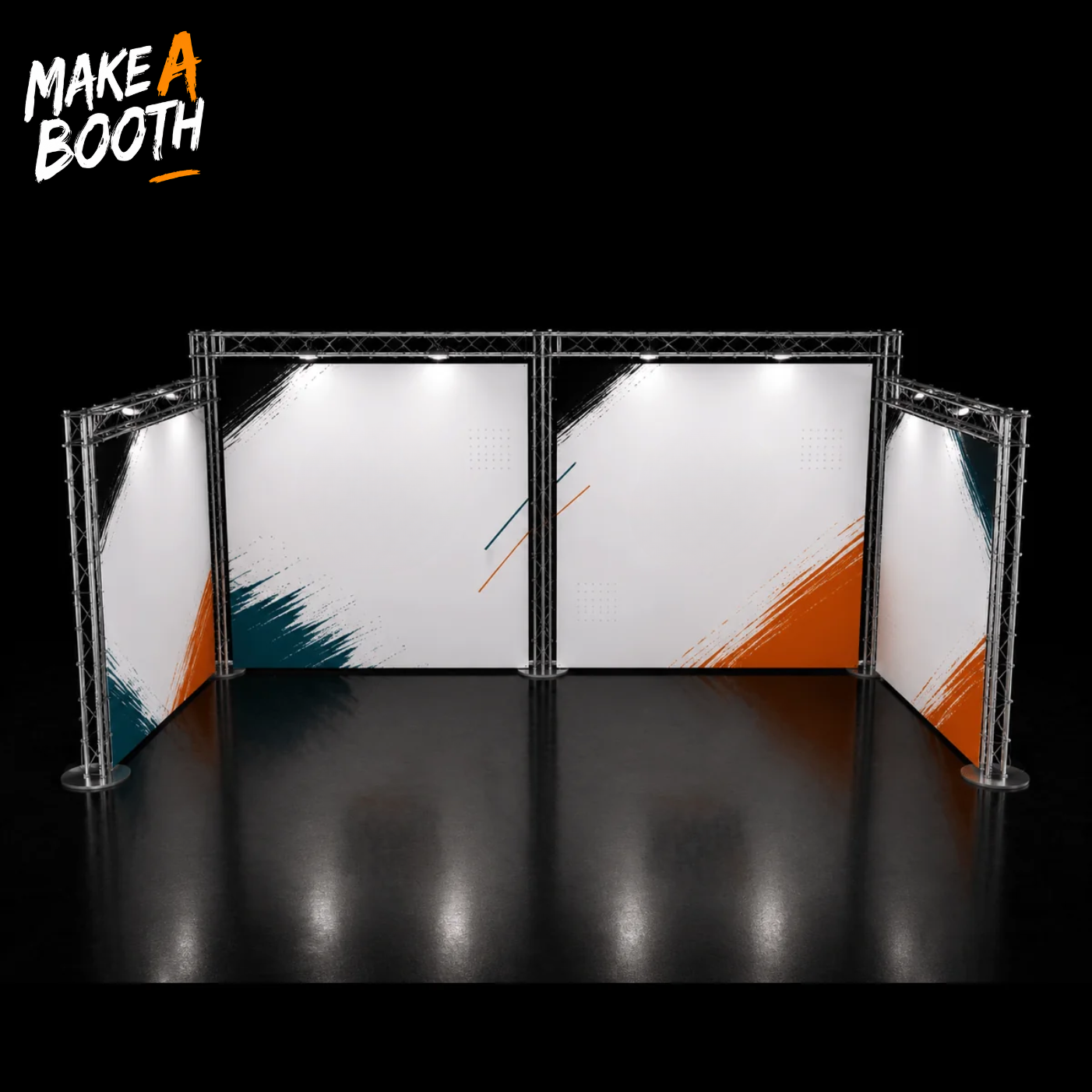 U-shape exhibition booth with white panel walls, metal frame, and orange/teal graphics