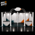 U-shaped luxury exhibition booth with metal frame and printed panels, orange and blue accents