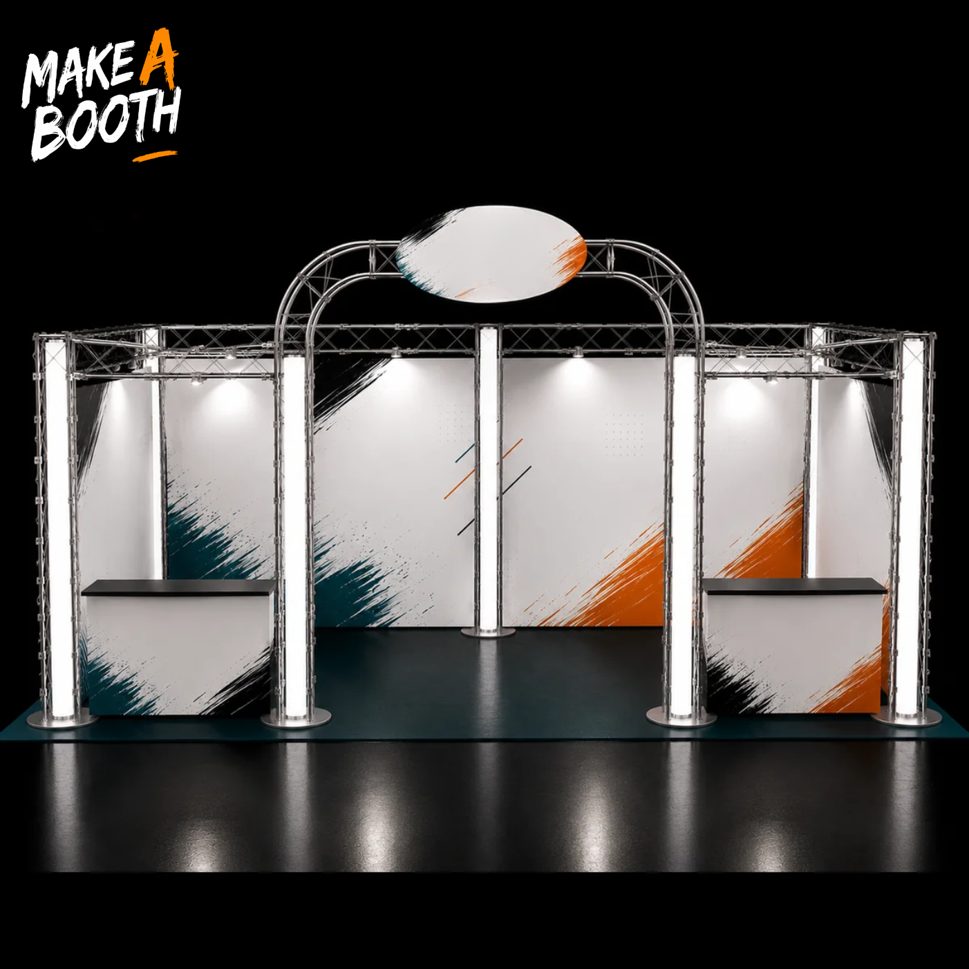 U-shaped luxury exhibition booth with metal frame and printed panels, orange and blue accents