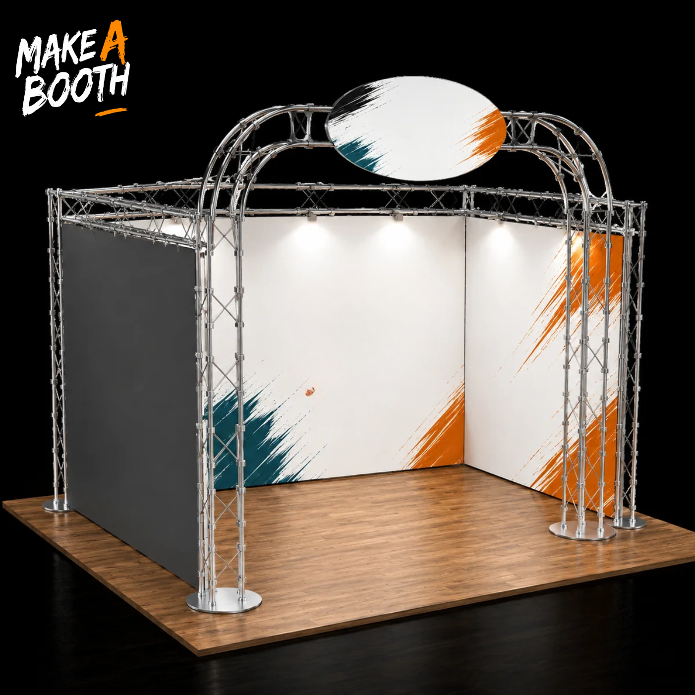 U-shaped exhibition booth with silver metal frame, wood platform, and white graphic panels