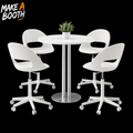 Round trade show table with chrome base and four white rolling swivel chairs