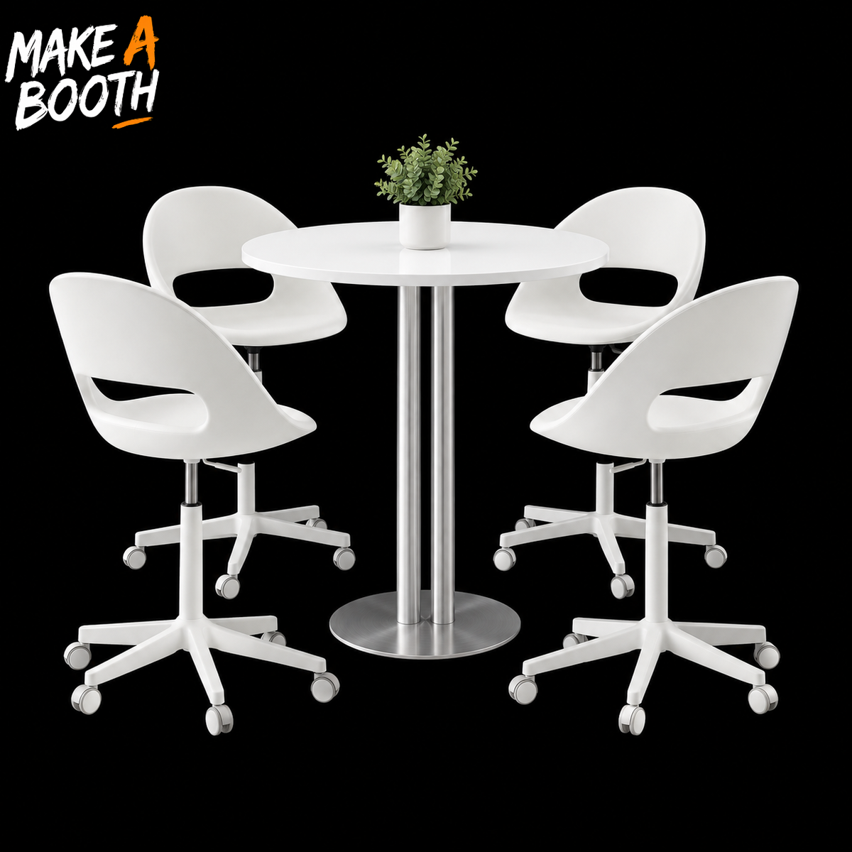Round trade show table with chrome base and four white rolling swivel chairs