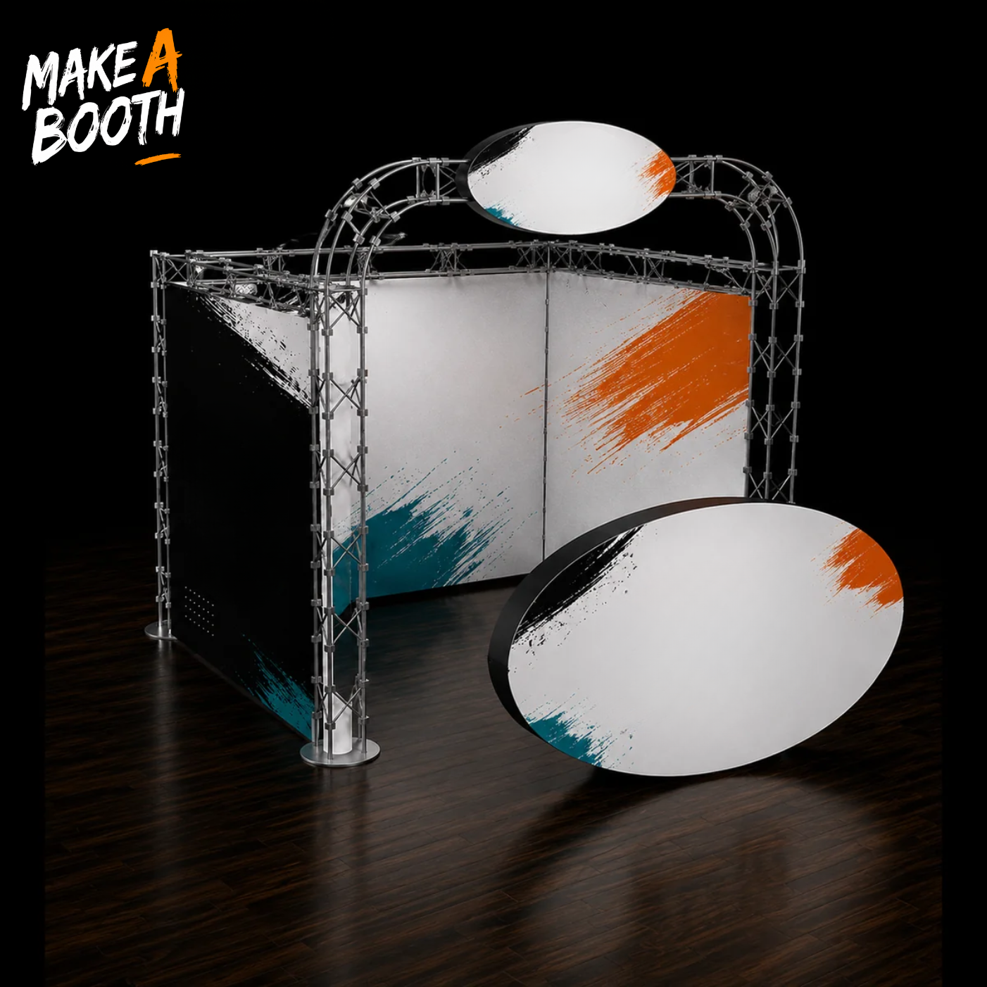 Oval wooden sign with white surface and orange teal paint splatter, mounted in frame