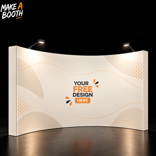 Curved fabric pop-up display with printed orange wave design and front logo panels