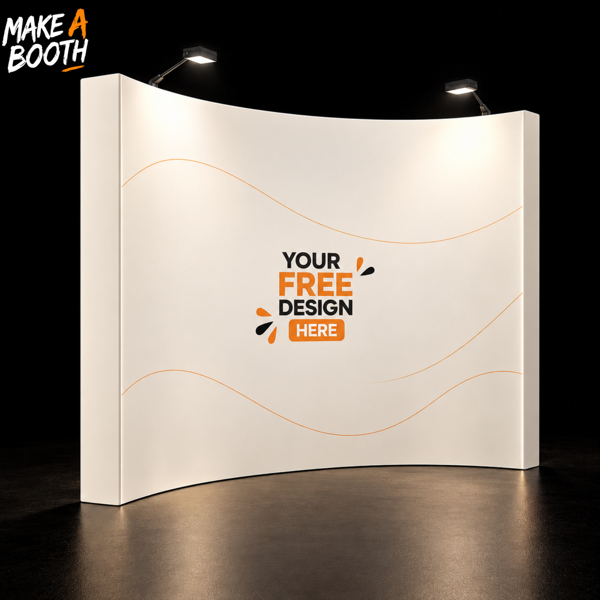 Curved fabric display booth with orange wave graphics and centered logo on white panels